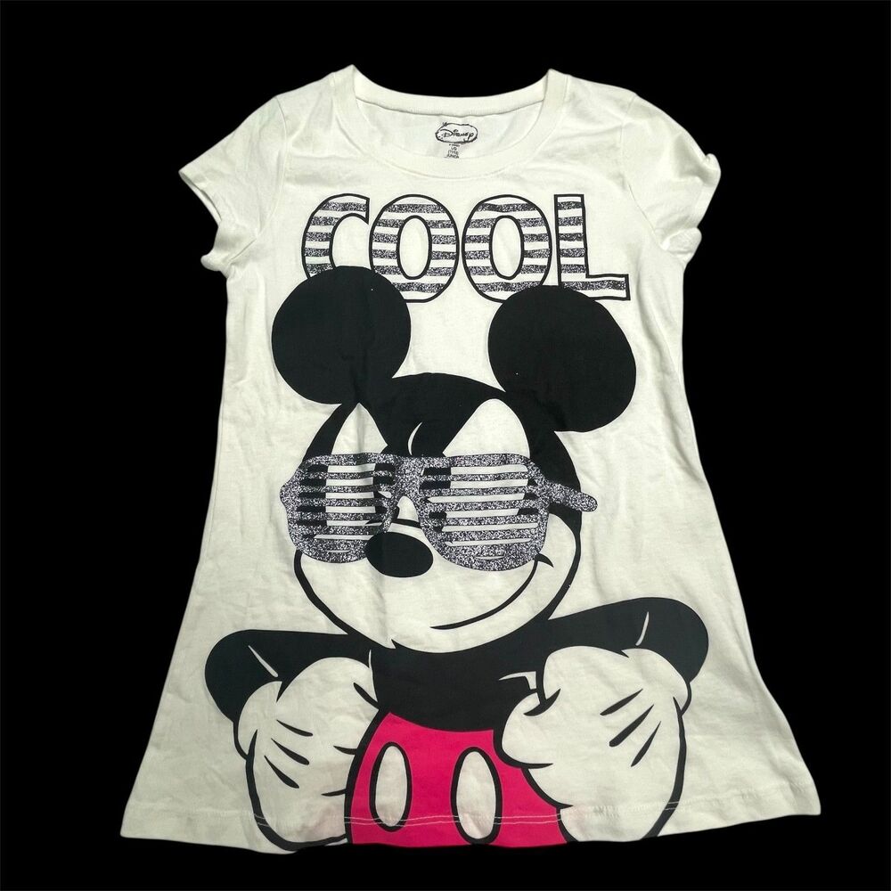 Disney Cool T-Shirt Mickey Mouse Glitter Stripes Red Black White Jr. Size Large